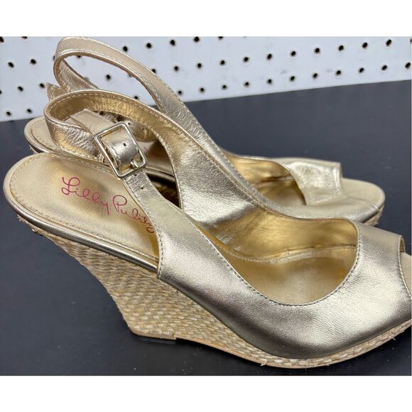 Lilly Pulitzer Kristen Metallic Gold Peep Toe Sling Back Wedge Heels Size 8 - Picture 2 of 13
